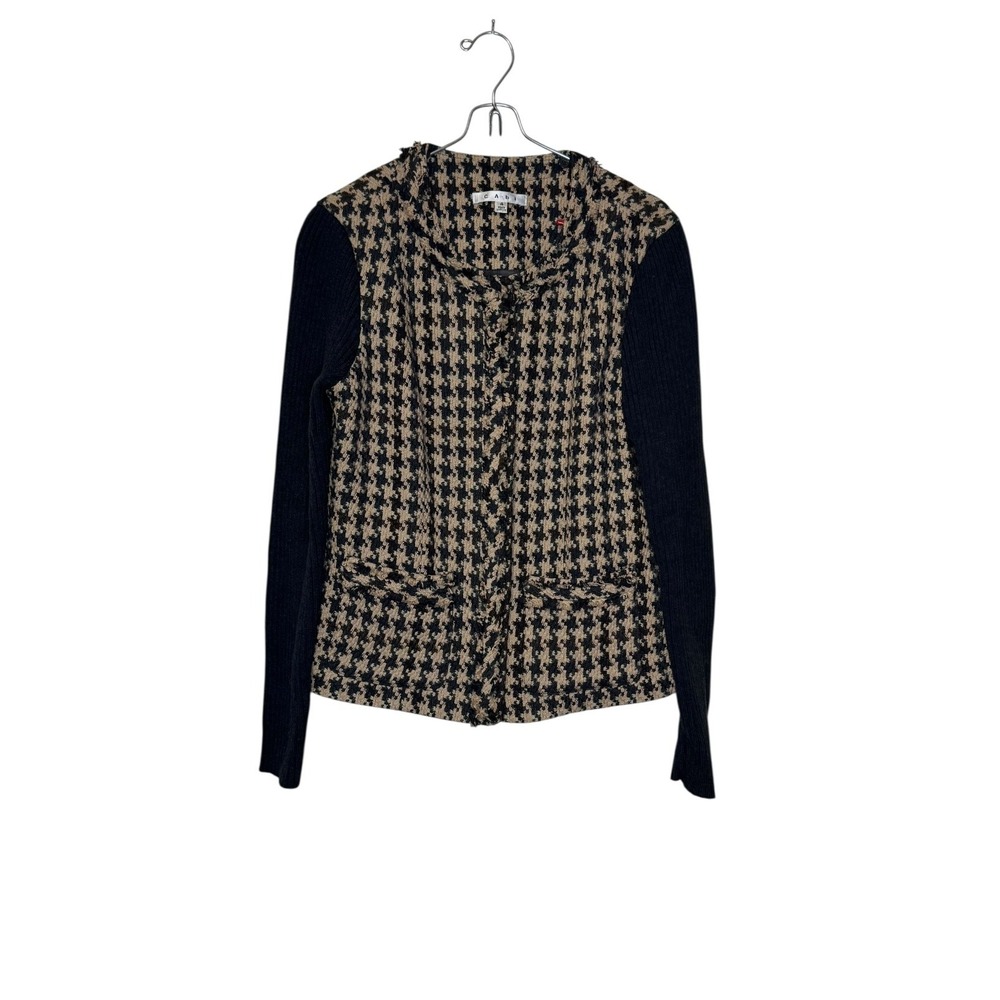 CAbi Women's Jacket Houndstooth Model 978 Lined Zip‎ Up Snap Charcoal Tan Sz. 4